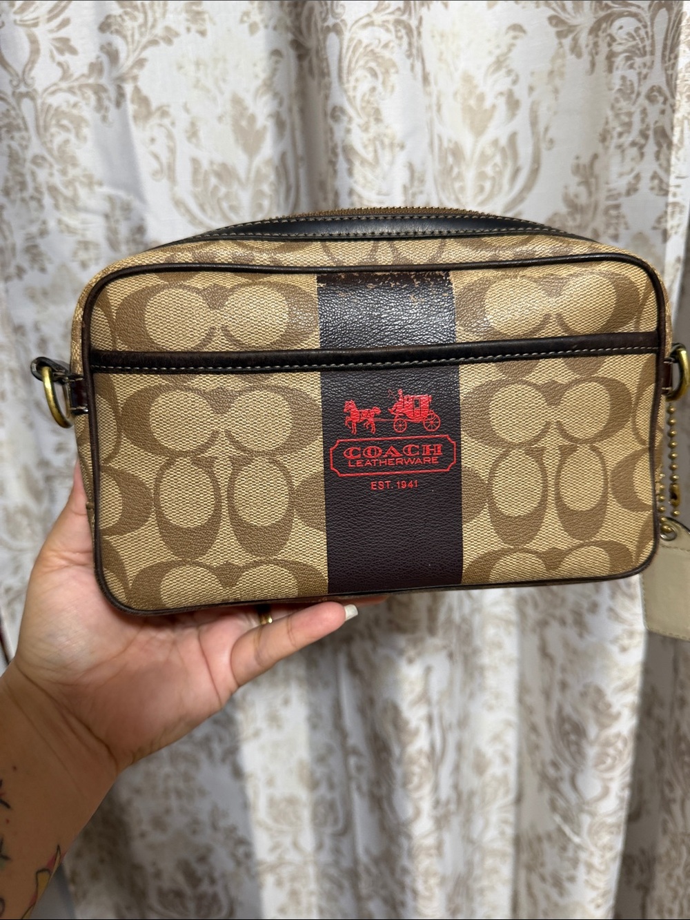 Coach Khaki/Chestnut Signature Canvas Messenger Bag with Red Logo